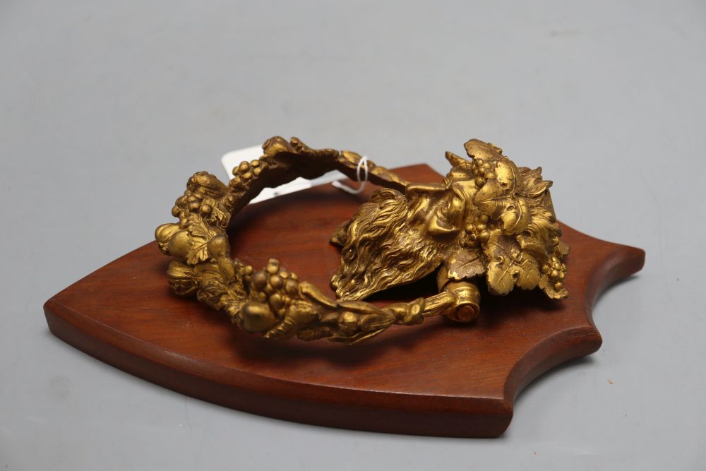 A 19th century Bacchus ormolu door knocker, on shield mount